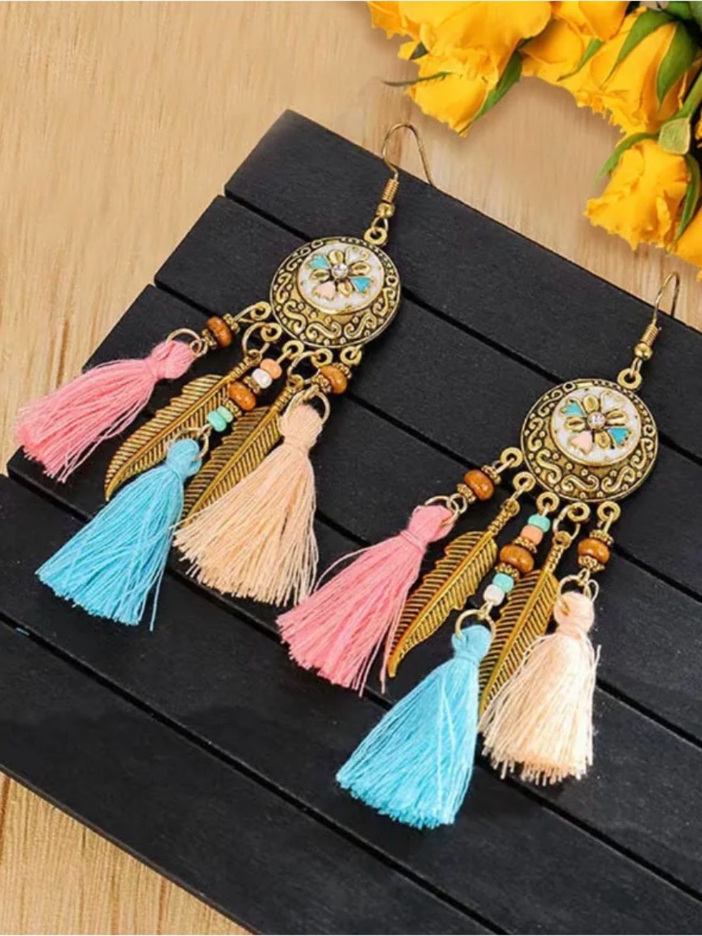 Bohemian Tassel Drop Earrings with Pink, Peach & Blue Accents